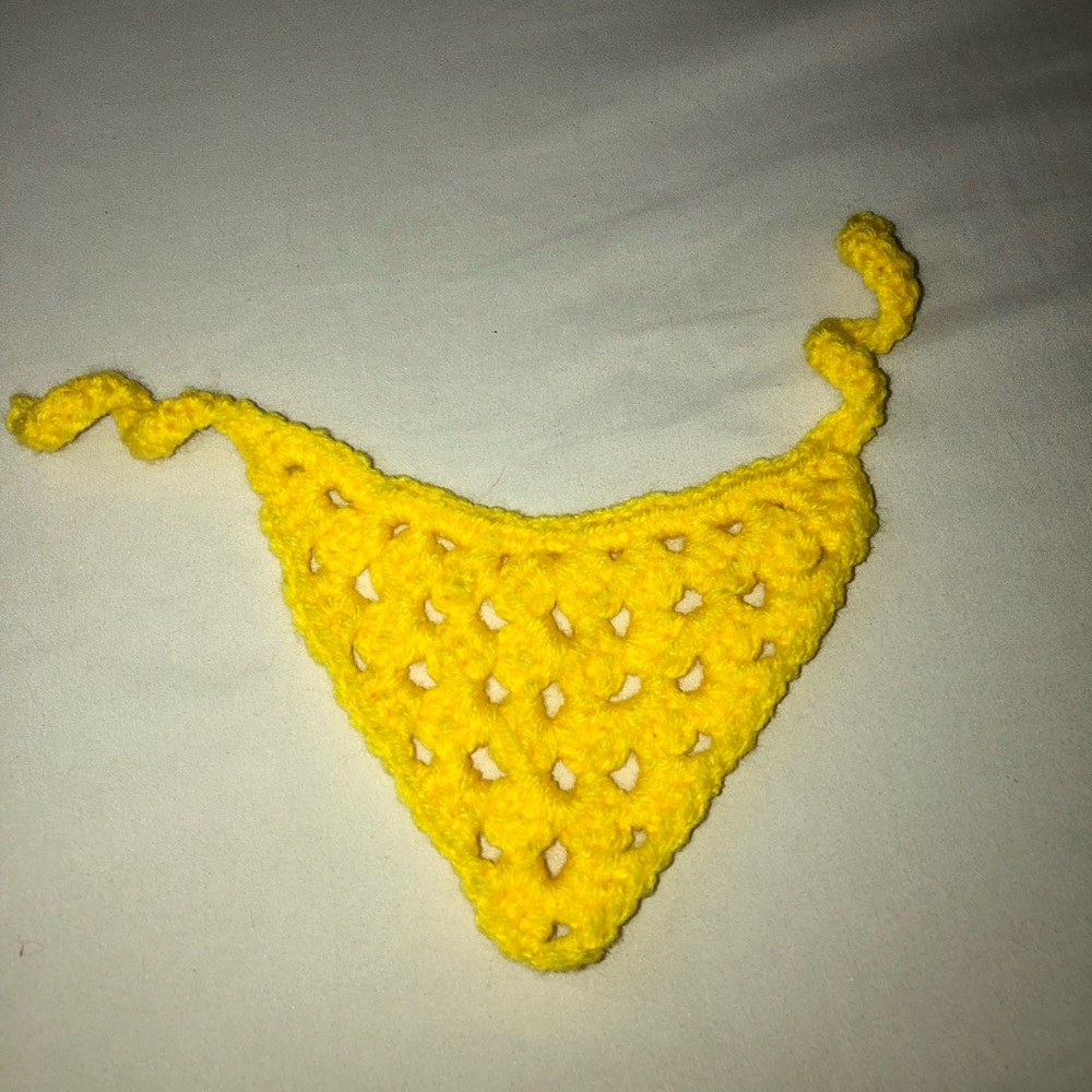 Handmade bright yellow crochet bandanna for small dogs or cats